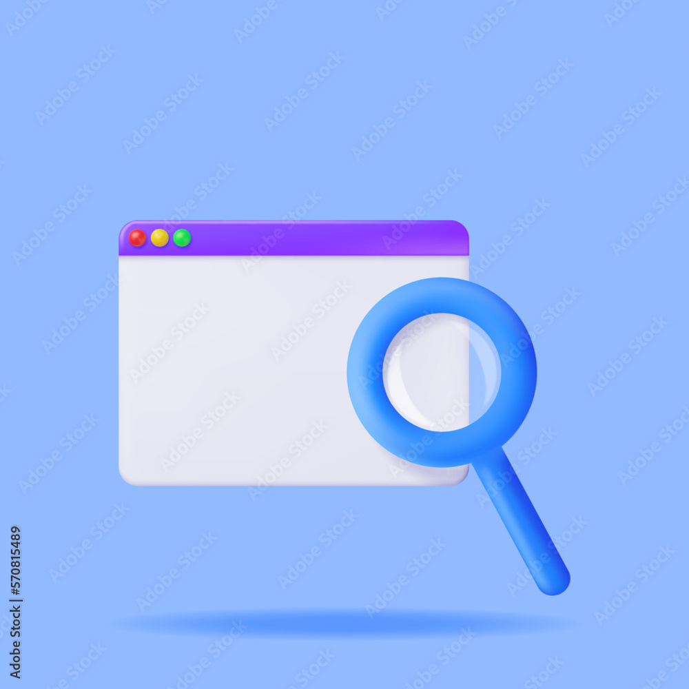 3D Browser Window and Magnifying Glass Isolated. Render Web Page GUI with Zoom Lens. Browser or Operating System Search. Web Page or Internet Searching Tools Concept. Vector Illustration 3D Browser Window and Magnifying Glass Isolated. Render Web Page GUI with Zoom Lens. Browser or Operating System Search. Web Page or Internet Searching Tools Concept. Vector Illustration
