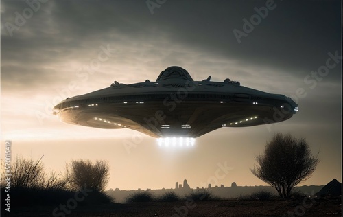 Extraterrestrial aliens spaceship flying over the steppe, a flying saucer shaped ship, a ufo with bright white bioluminescent light in dark stormy sky, muted sunlight, generative ai