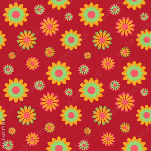 Flowers seamless pattern, summer prints, colorful abstract floral shapes on red background, vector illustration, wallpaper, packaging, textile.