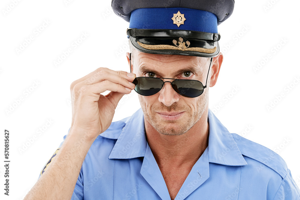 Security, crime and portrait of police with sunglasses on white background for authority, public safety and laws. Justice, law enforcement officer and face of policeman, traffic cop and service guard Security, crime and portrait of police with sunglasses on white background for authority, public safety and laws. Justice, law enforcement officer and face of policeman, traffic cop and service guard
