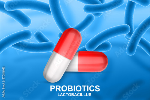 Probiotics banner template. Probiotic in capsule with lactobacillus on background. EPS10 vector