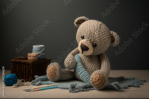 knitting art illustration with cute bear object suitable for children's themed book illustration elements, created using artificial intelligence