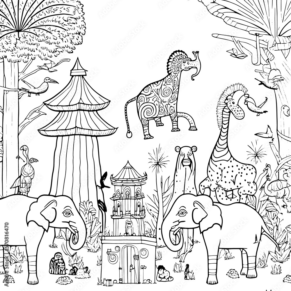 Black and white coloring pages for adults. Line art. Simple cartoon style, illustration for ...