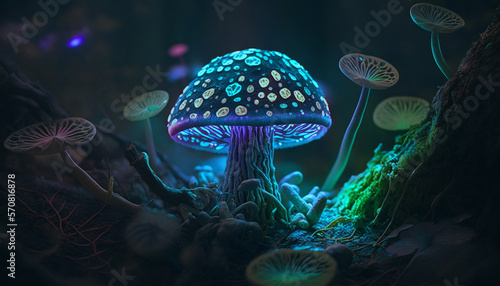 Bioluminescent fungi on the forest floor created with Generative AI