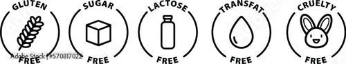 black and white Gluten-free, sugar-free, lactose-free, transfat free, and cruelty-free icons