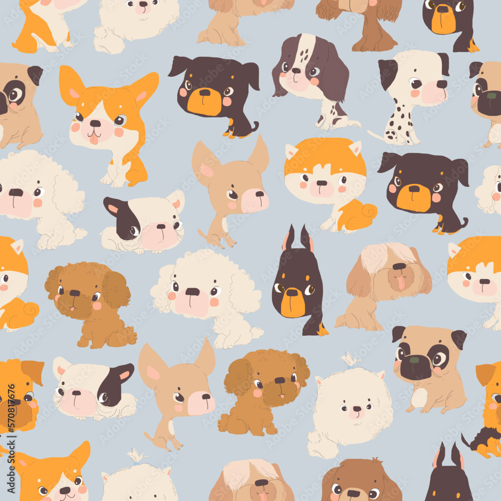 Seamless Pattern with Funny Puppies on Blue Background