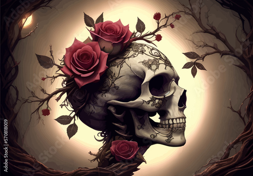 Skull and roses vector illustration. Dark fantasy.