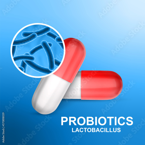 Probiotics banner template. Probiotic in capsule with lactobacillus. EPS10 vector