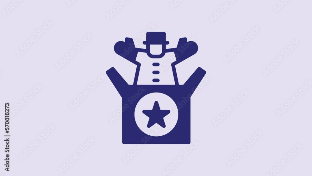 Blue Jack in the box toy icon isolated on purple background. Jester out of the box. 4K Video motion graphic animation Blue Jack in the box toy icon isolated on purple background. Jester out of the box. 4K Video motion graphic animation
