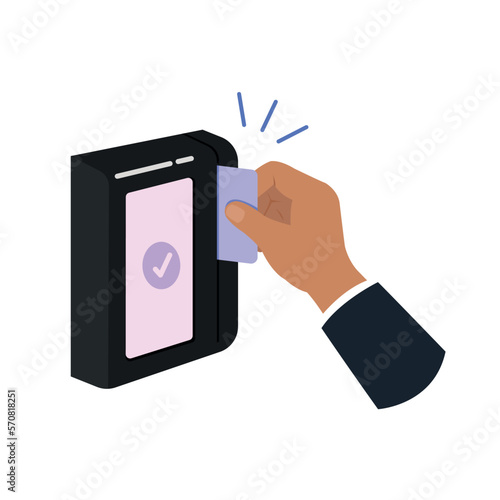 Hand holding card swipe machine.