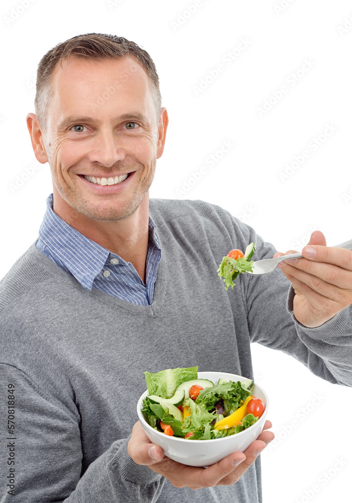 Salad, vegetable and man studio portrait for healthy food with nutrition for health. Happy model person with vegan lunch or brunch bowl isolated on a white background with a fork for wellness
