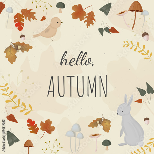 Hello autumn banner with seasonal elements, birds, hare, acorns, plants, leaves, mushrooms. Autumn background. Vector illustration