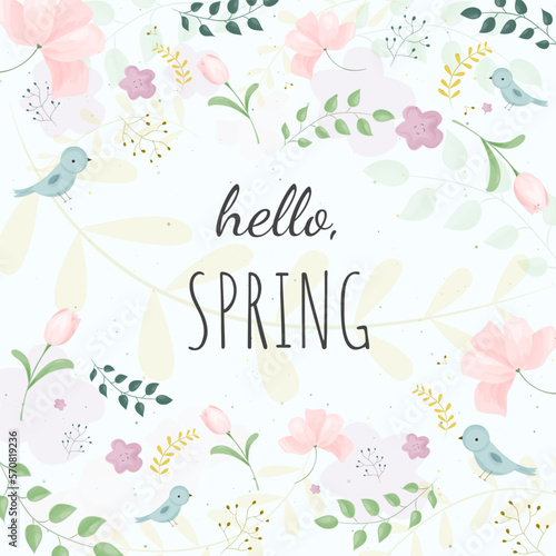 Hello spring banner vector illustration. Seasonal wish with leaves, birds and flowers for springtime holiday celebration greeting card design