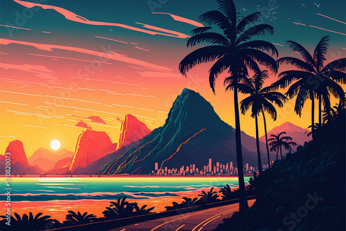 Beautiful Rio de Janeiro landscape illustration  relaxing Sunset with palm trees  digital art