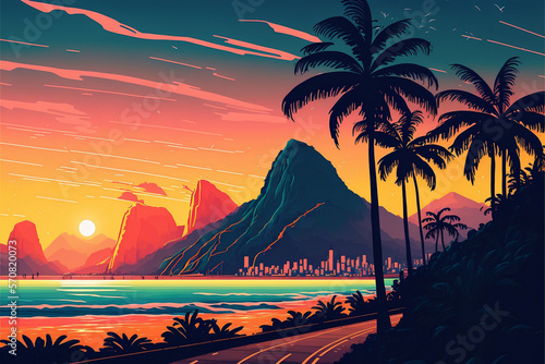 Beautiful Rio de Janeiro landscape illustration, relaxing Sunset with palm trees, digital art
