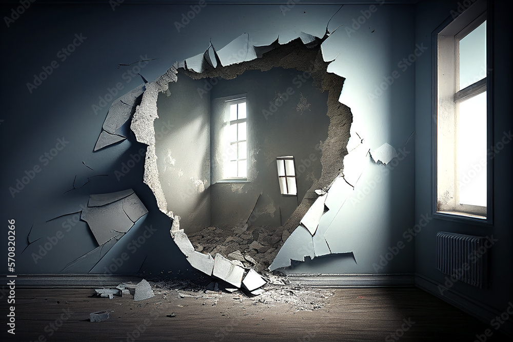 broken gaping hole of old colour dirty crumbling brick room. Uneven