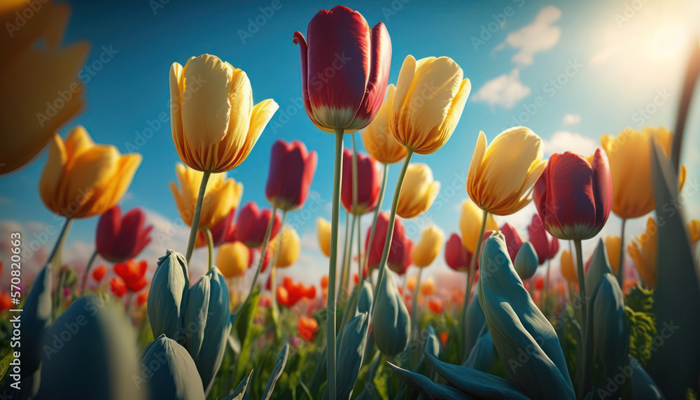 Tulips against blue sky, blur Spring field background Generative AI