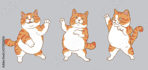 Cartoon happy dancing orange cat set