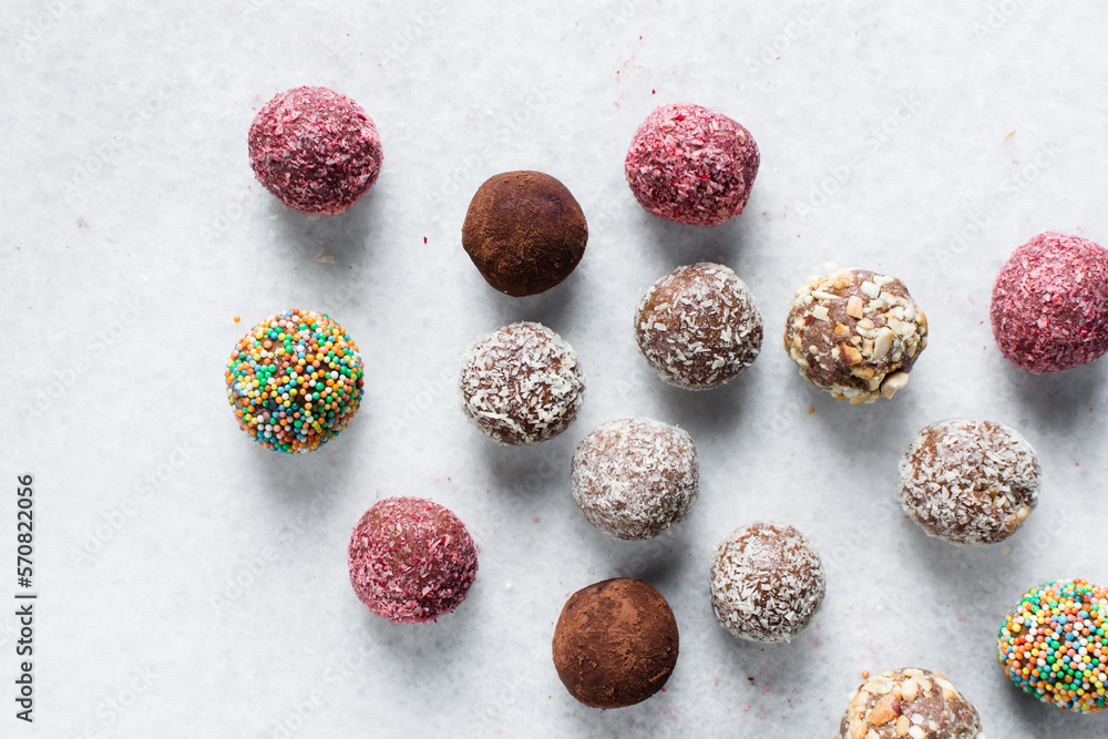 Assortment of homemade chocolate truffles, mixed flavors of chocolate truffles or bonbons