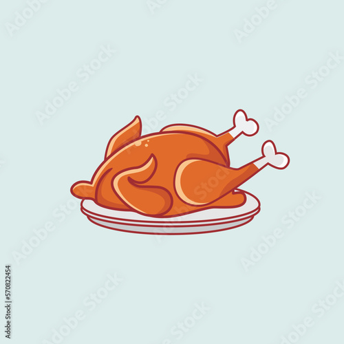 Grilled chicken on plate designed in flat cartoon style isolated on blue background. Vector illustration of grilled chicken graphic. Grilled chicken icon  fried chicken. Food or culinary concept icon