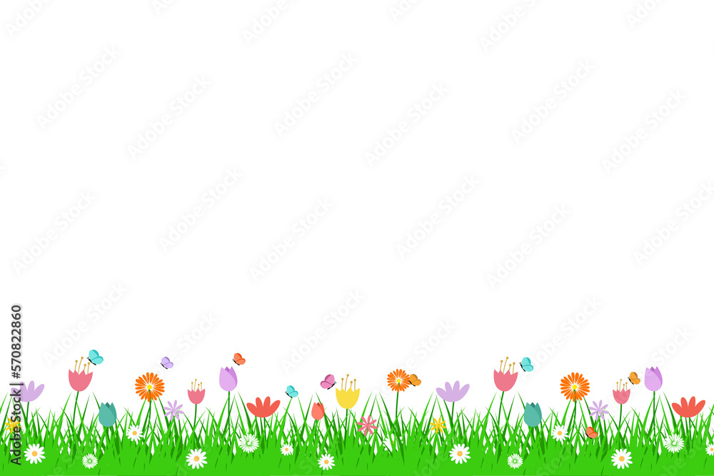 spring grass flowers and butterfly isolated on transparent background.	