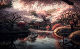 Japanese Sakura Trees with a bridge and reflection in the water, Japan Cherry Blossom Trees with a bridge and reflection in the water
