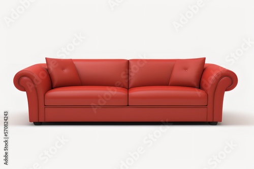 contemporary red sofa standing alone, complete with cushions.