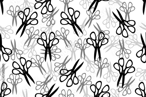 Seamless pattern with creative black scissors on white background. Website banner for fashion studio. Wallpaper and bed linen prin with scissors.