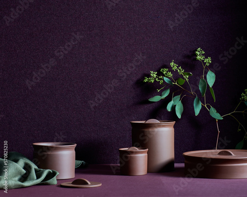 Still life with pottery jars, fabric, branch