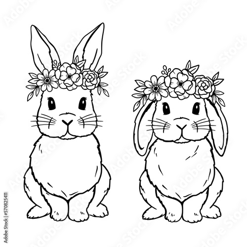 Cute Rabbit Line Art. Lop Bunny with Flower Crown. Easter Bunny. Bunny sketch vector illustration. Coloring pages for children. Good for posters, t shirts, postcards.