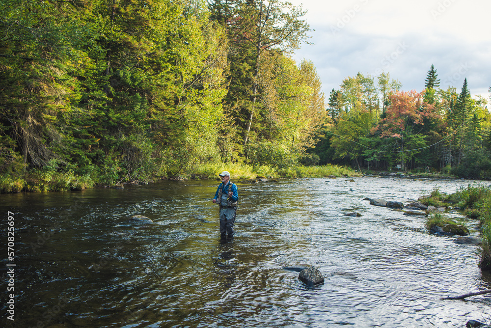 Man fly fishing in stream during fall foliage season Man fly fishing in stream during fall foliage season