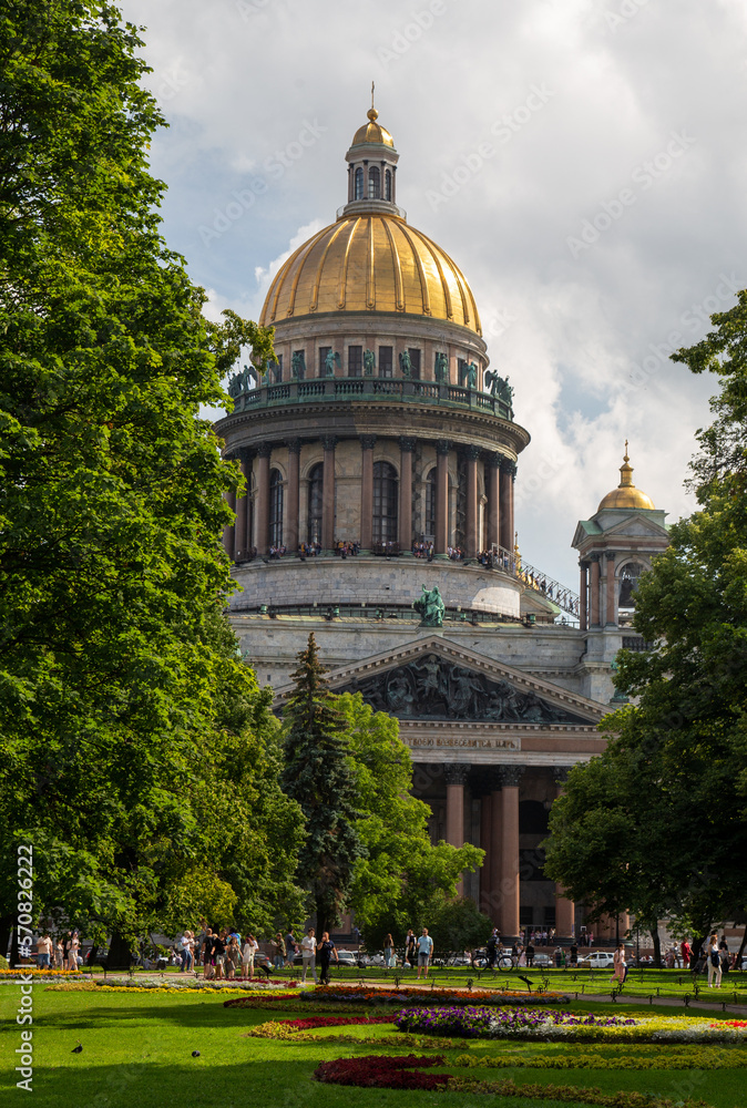 Museums Saint Petersburg. Isaac's Cathedral in Russia. St. Isaac's Square and Cathedral in crowns of trees. Saint Petersburg on a summer day. Excursions in cities of Russia. Sights of Petersburg