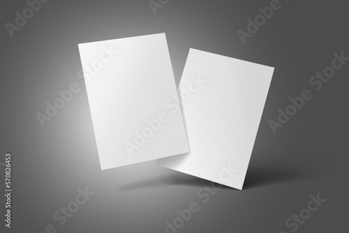 A3, A4, A5 3D illustration Flyer mock-up with Front and Back standing vertical in air. Book, Brochure, Pamphlet, Catalog empty mockup for Presentation on isolated grey background. 3D illustrating
