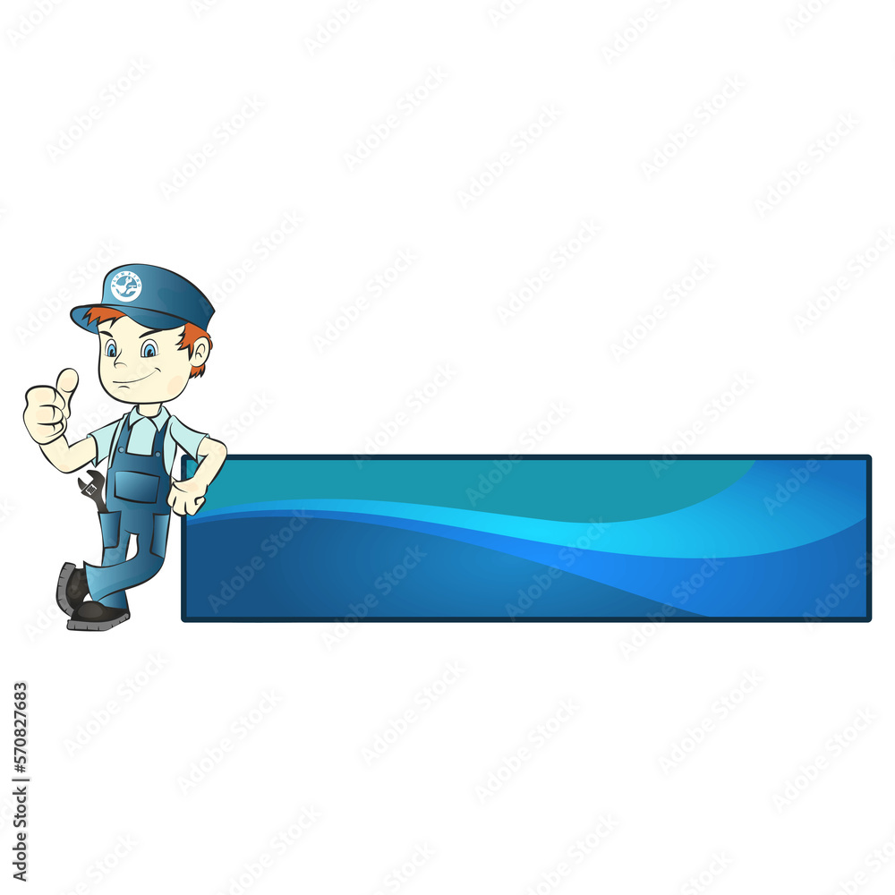 Plumber in uniform and banner, plumbing repair and service Plumber in uniform and banner, plumbing repair and service