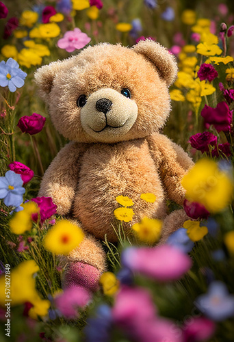 Teddy bear in a flowers field