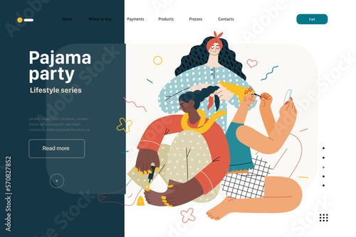 Lifestyle web template -Pajama party -modern flat vector illustration, female friends wearing pajamas amusing themselves together wearing makeup doing hair, painting toenails People activities concept