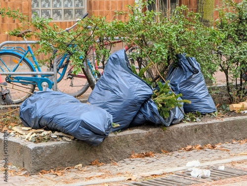 Photography Illegal waste disposal, garbage bags on the street