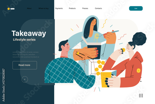 Lifestyle web template - Takeaway - modern flat vector illustration of a group of friends eating takeaway food from boxes sitting at home. People activities concept
