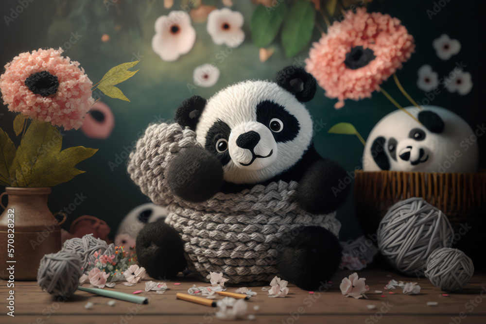 panda knitting art illustration cute suitable for children's books, children's animal photos created using artificial intelligence