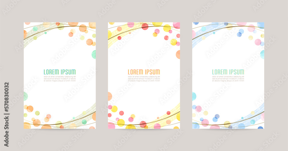 Vector card design template with colorful watercolor bubbles, gold lines