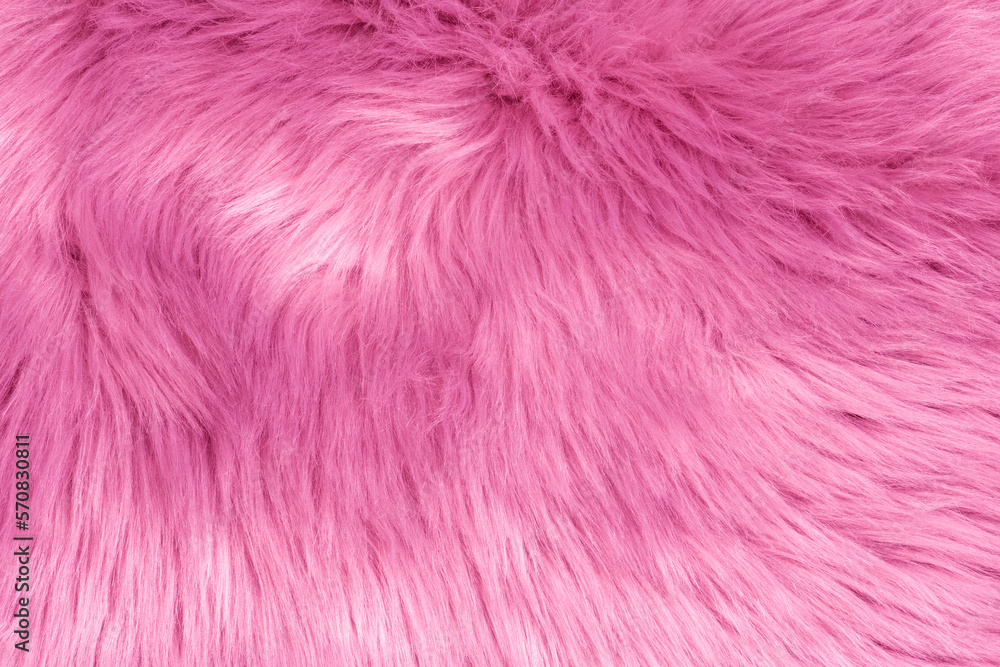 Fototapeta premium Pink fur texture top view. Pink sheepskin background. Fur pattern. Texture of pink shaggy fur. Wool texture. Sheep fur close up