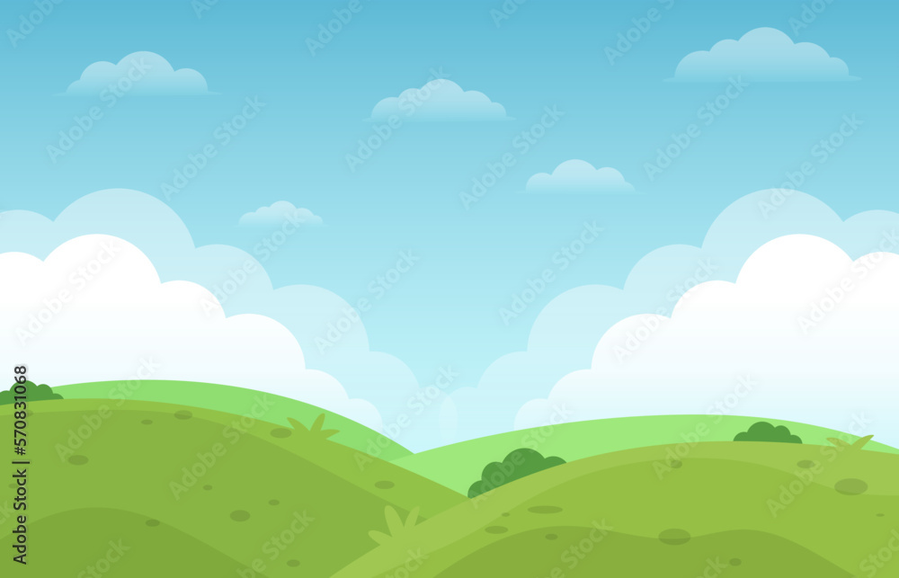 Flat natural green field landscape view and blue sky background illustration