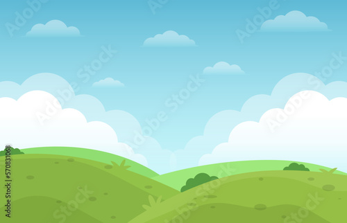 Flat natural green field landscape view and blue sky background illustration