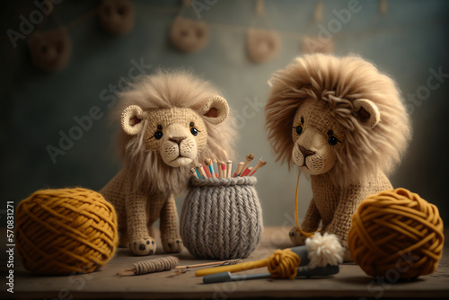 lion knitting art illustration cute suitable for children's books, children's animal photos created using artificial intelligence © 3dimensi2000