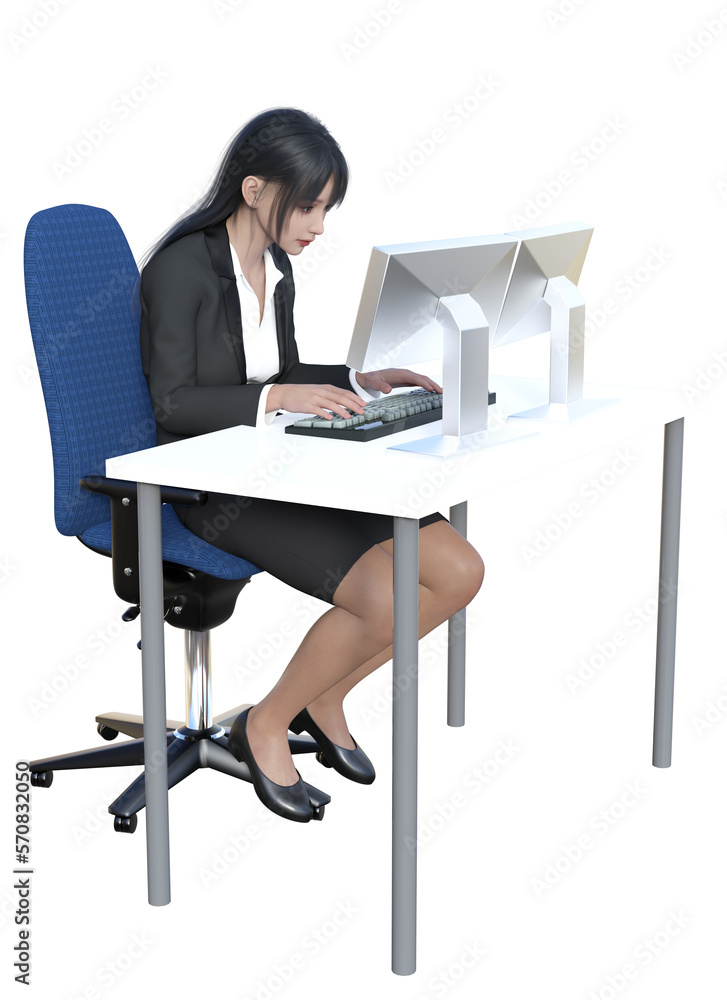 猫背の姿勢でパソコン作業をする女性OLのイラスト リアルな日本人3Dモデルの全身横向き 横顔