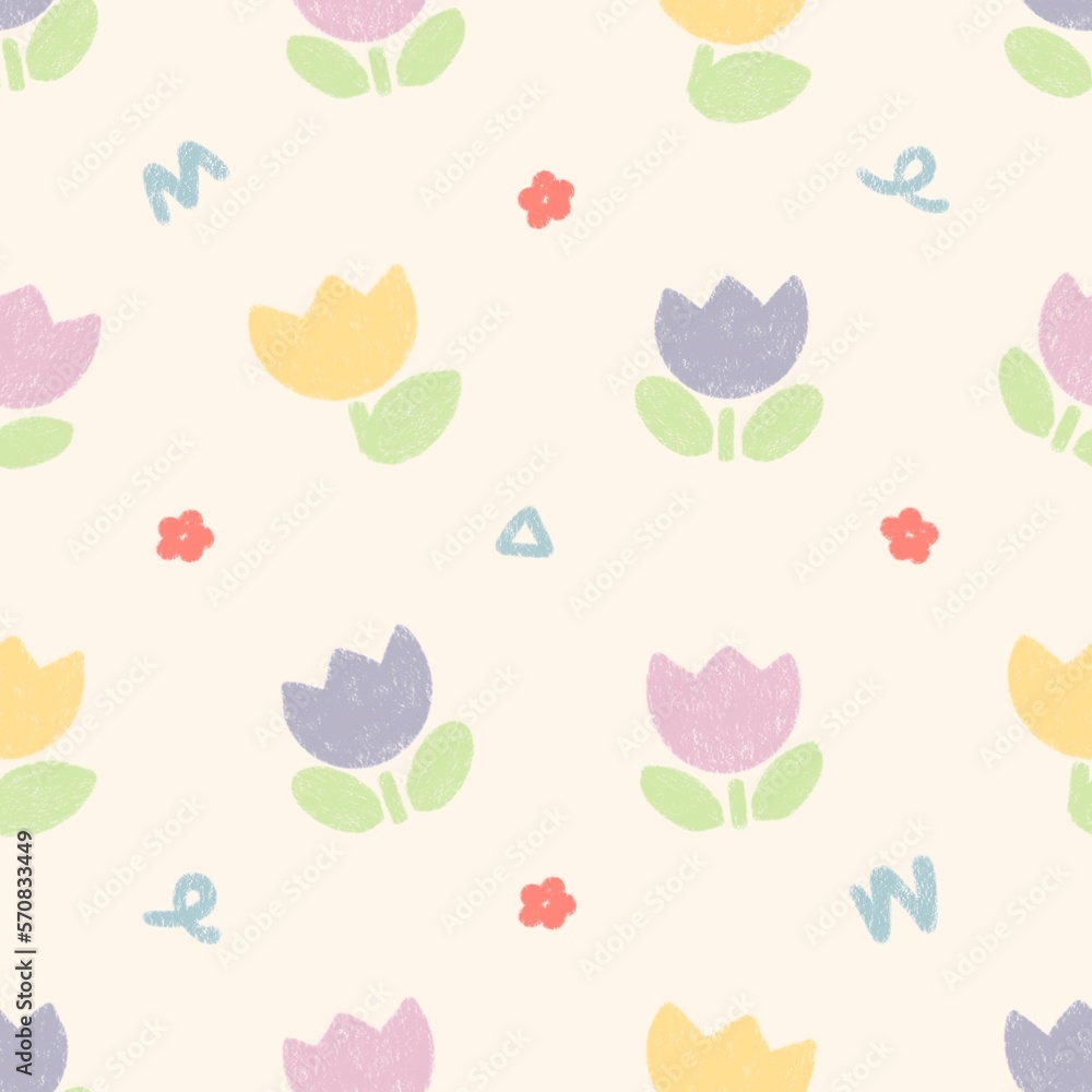 Cute colorful tulips with red flower on yellow background. Seamless pattern. for fabric design, wrapping paper, cover Cute colorful tulips with red flower on yellow background. Seamless pattern. for fabric design, wrapping paper, cover