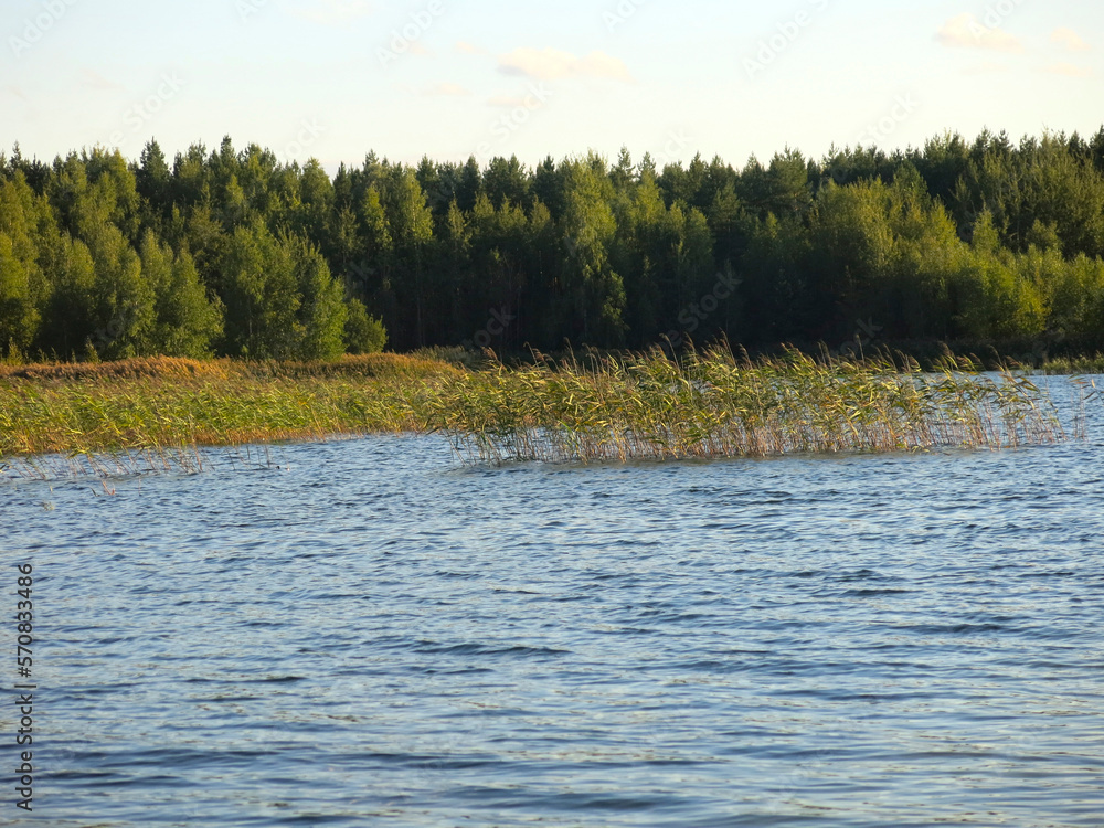 waters of a quiet lake with a sandy beach at sunset waters of a quiet lake with a sandy beach at sunset