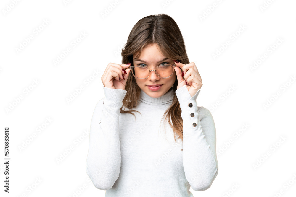 Young girl over isolated chroma key background With glasses with happy expression Young girl over isolated chroma key background With glasses with happy expression
