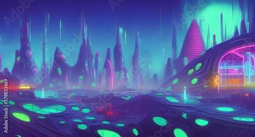 Illustration of an alien landscape with giant building structures in a colorful city like environment with futuristic neon lights digital art