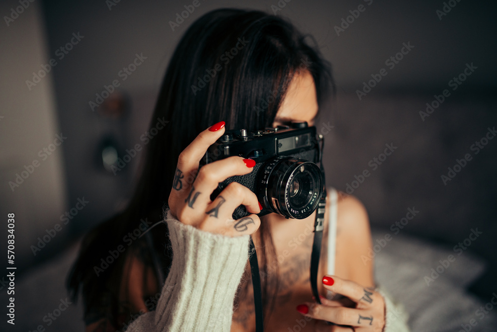 Hipster woman photograph portait closeup. Hipster woman photograph portait closeup.
